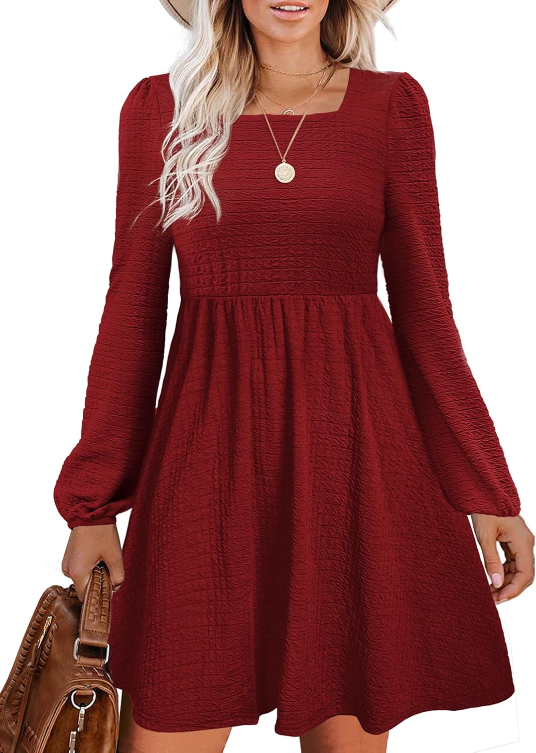 Womens Babydoll Dresses Square Neck Long Sleeve Flowy Style