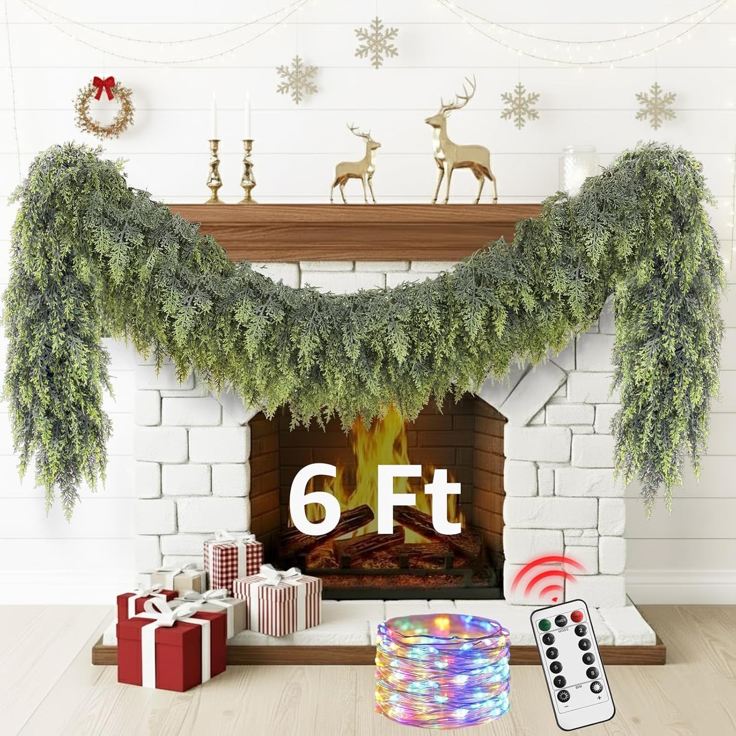 Cedar Christmas Garland for Mantle - 6ft Lighted Faux Pine