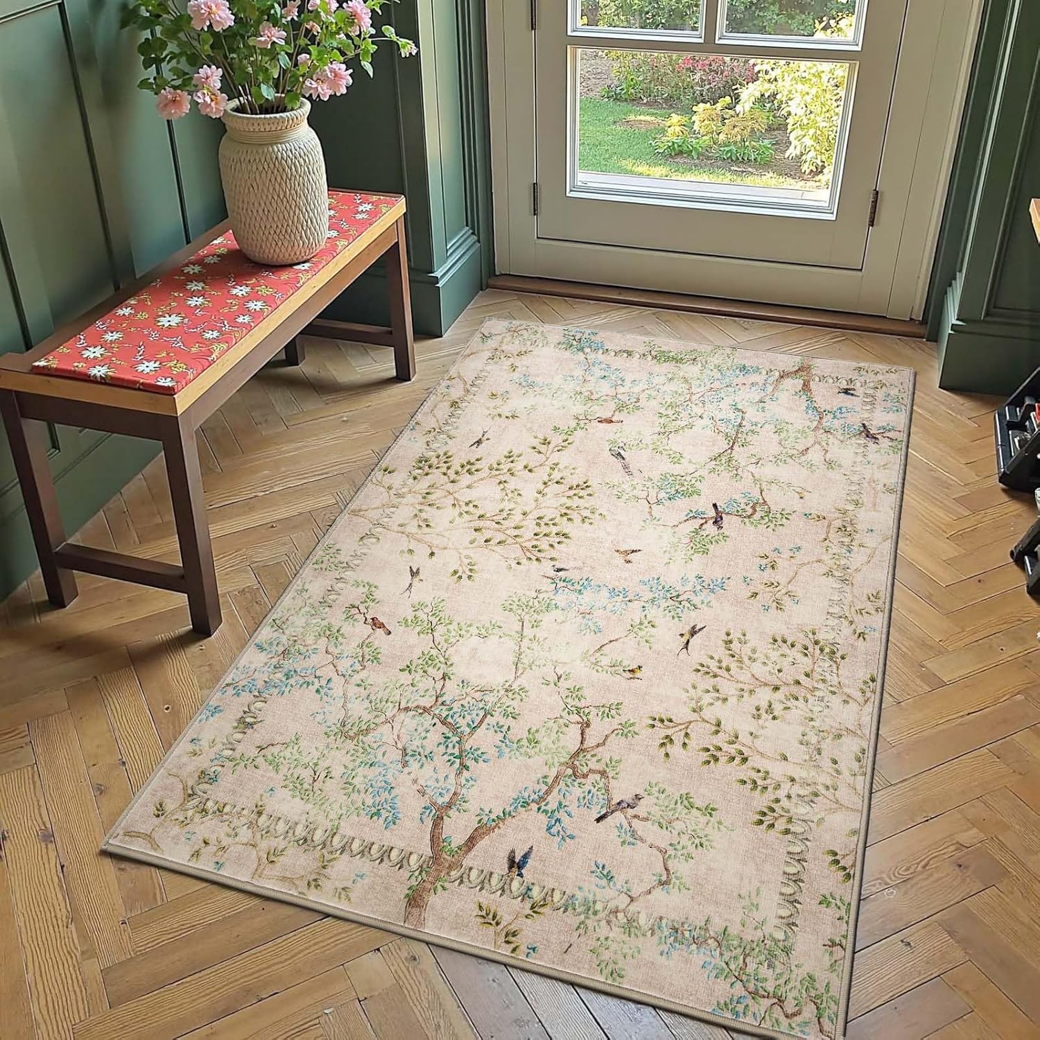 jinchan Botanical Birds 3x5 Beige Area Rug for Modern Spaces