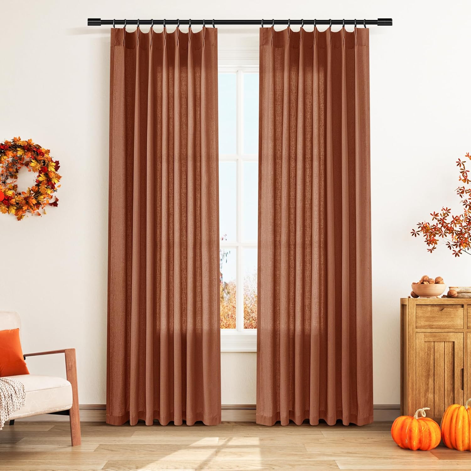 Terracotta Pinch Pleat Linen Curtains 84 Inch Length Set