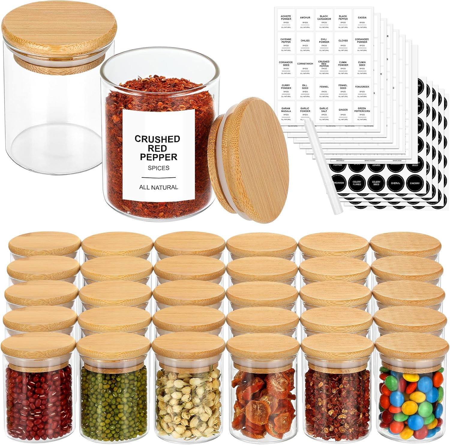 4OZ Glass Spice Jars with Bamboo Lids for Kitchen Storage