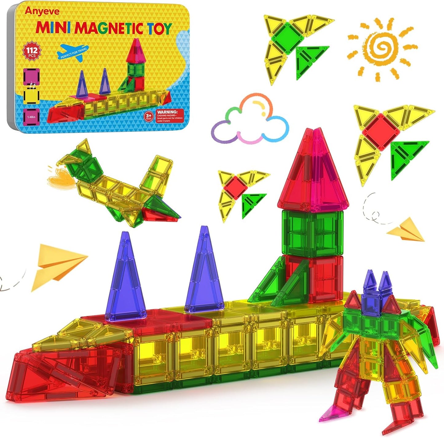 112PCS Mini Magnetic Tiles Travel Set for Kids Ages 4-8