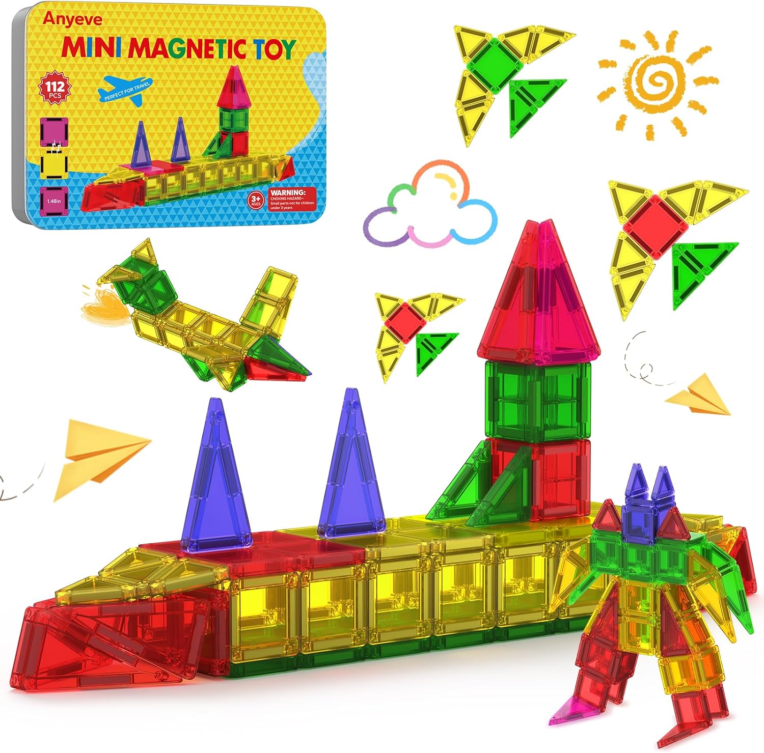 112PCS Mini Magnetic Tiles Travel Set for Kids Ages 4-8