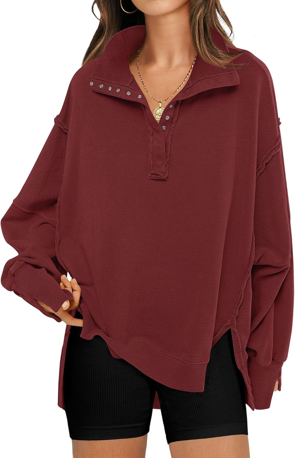 Oversized Sweatshirt for Women with Trendy Button Henley Neck