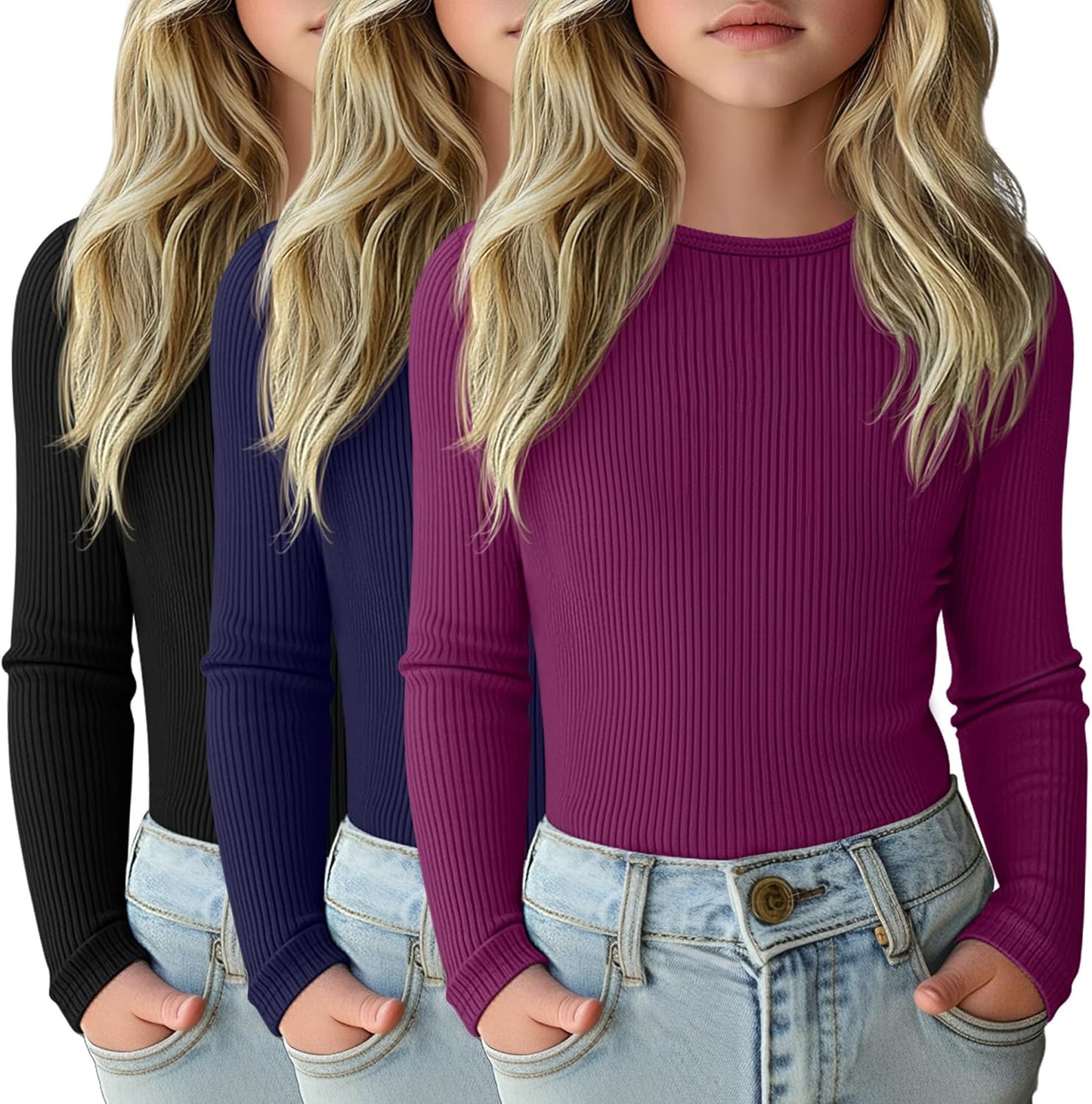 3 Pack Girls Long Sleeve Shirts for Casual Layering Tops
