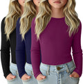 3 Pack Girls Long Sleeve Ribbed Knit Cotton Undershirts - Slim Fit