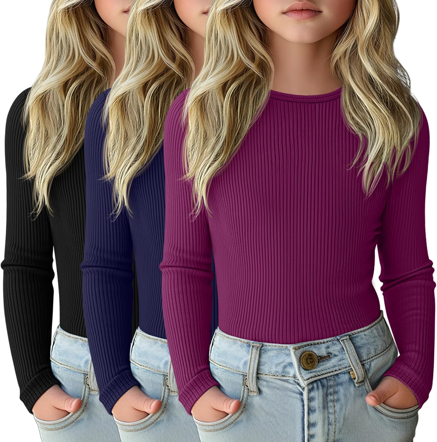 3 Pack Girls Long Sleeve Shirts for Casual Layering Tops
