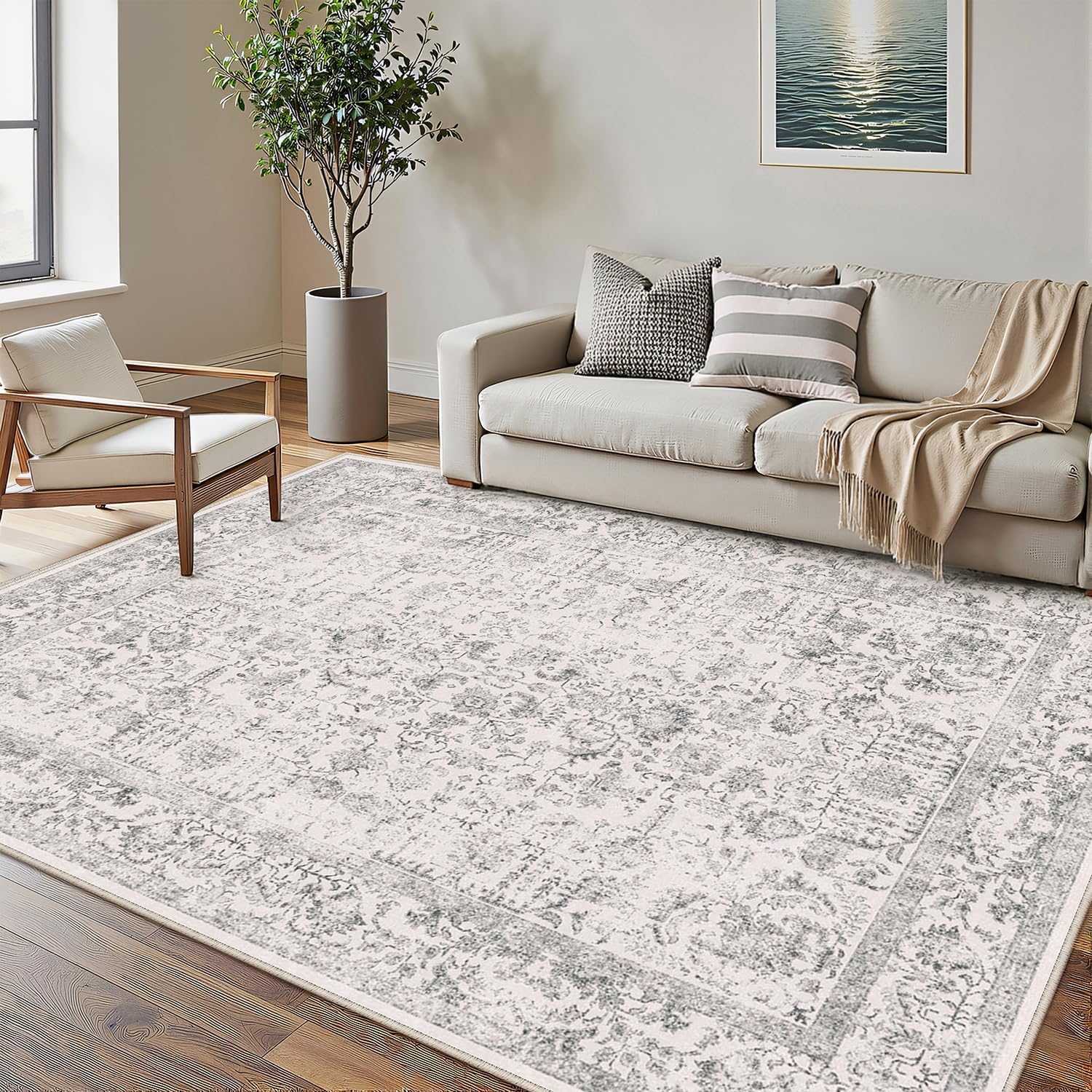 Gray Area Rug 5x8 Machine Washable Vintage Style for Home
