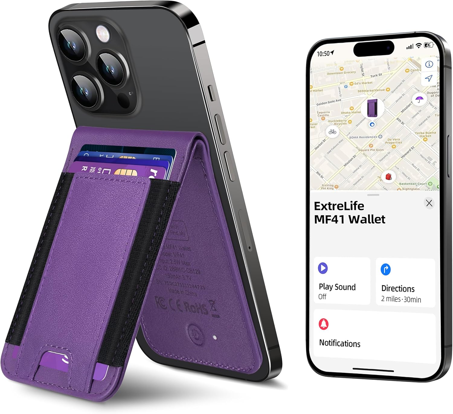 Magnetic Wallet for iPhone with Find My, RFID Blocking, Purple