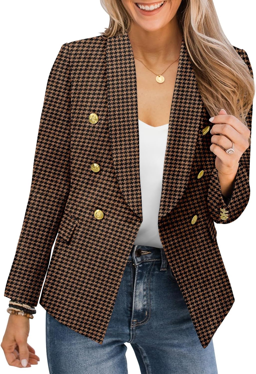 CRAZY GRID Womens Casual Blazer Jacket with Gold Button Style