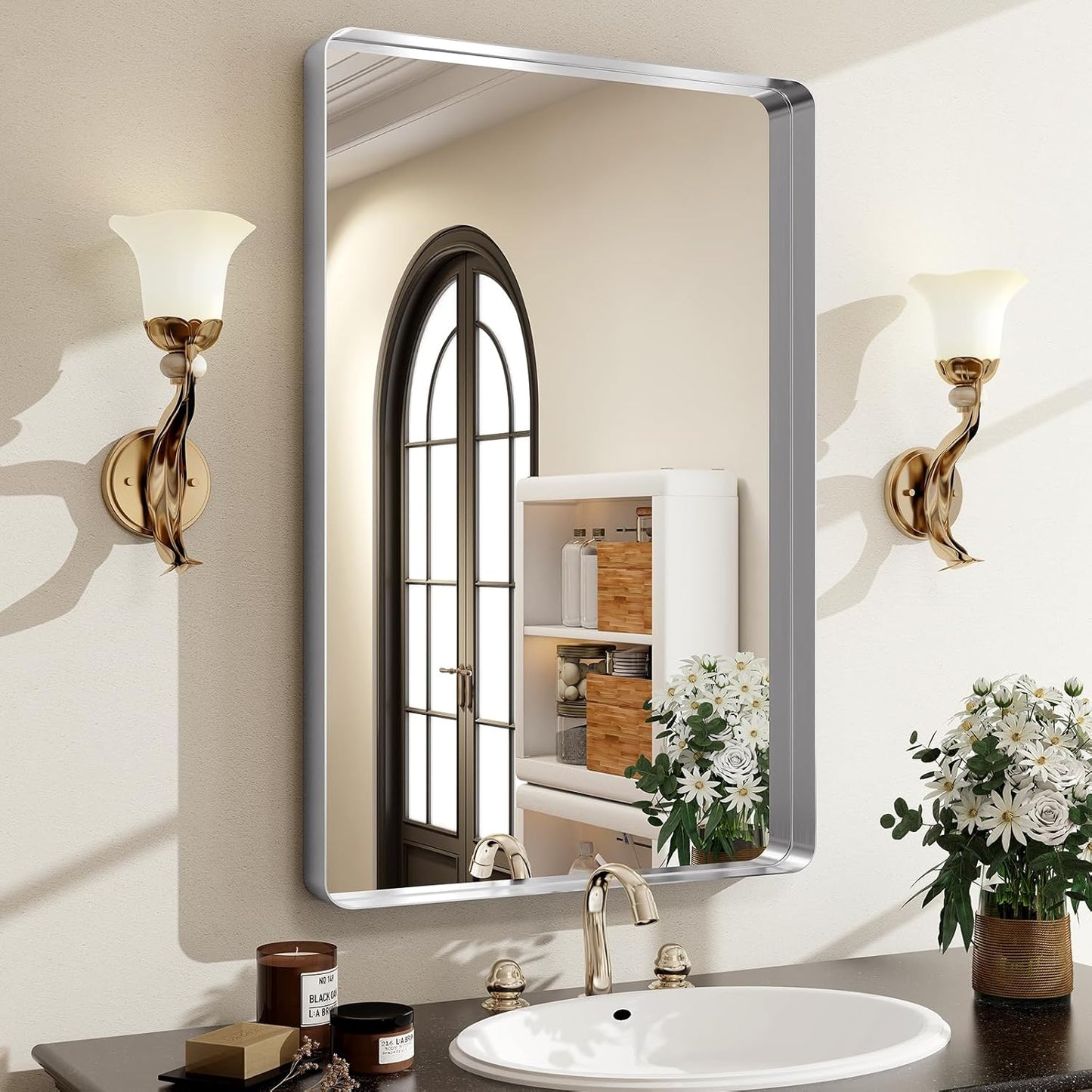 Silver Bathroom Mirror for Wall - 36x24 Inch Modern Design
