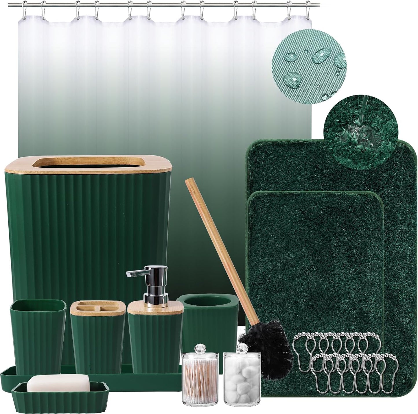 Dark Green Bathroom Accessories Set with Ombre Shower Curtain