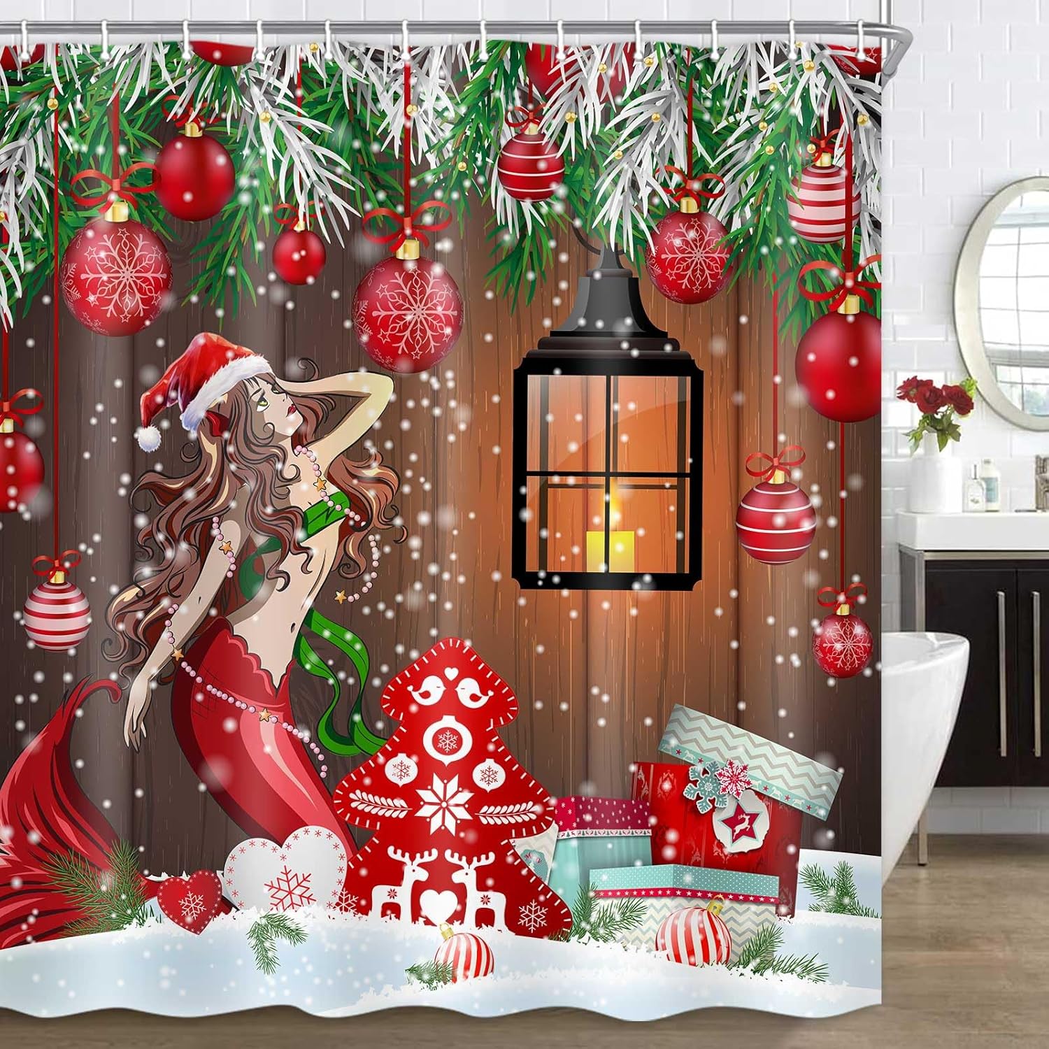 Colorful Christmas Mermaid Shower Curtain Set