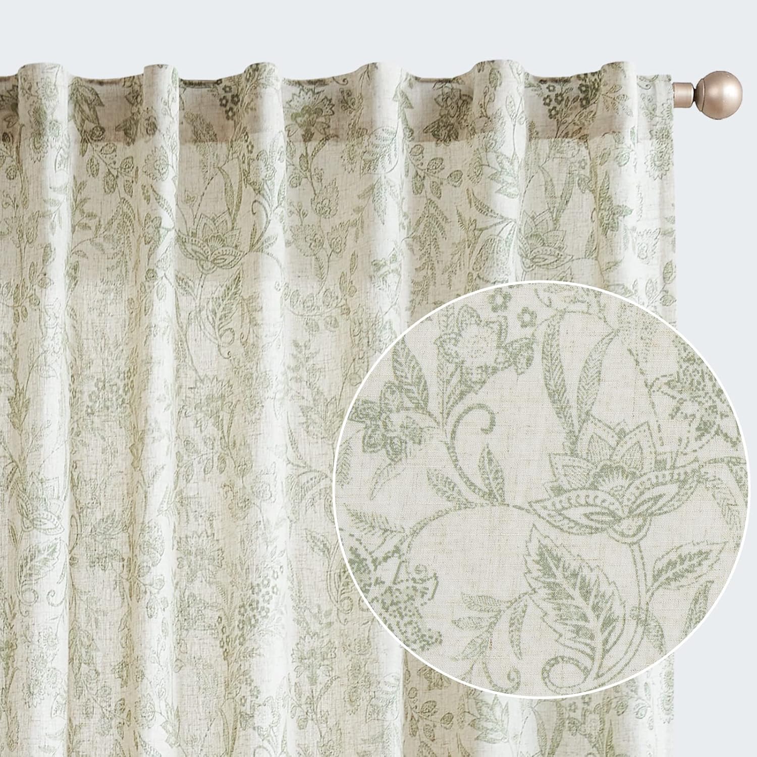Linen Curtains with Green Floral Print for Vintage Decor