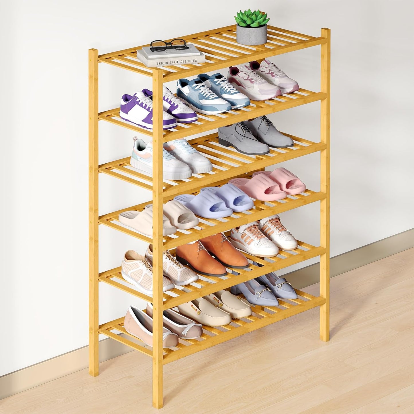 Smiry Bamboo Shoe Rack: 6 Tier Wooden Stackable Organizer