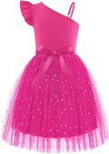 Girls One Shoulder Ruffle Tulle Dress with Belted Bow - Summer Party