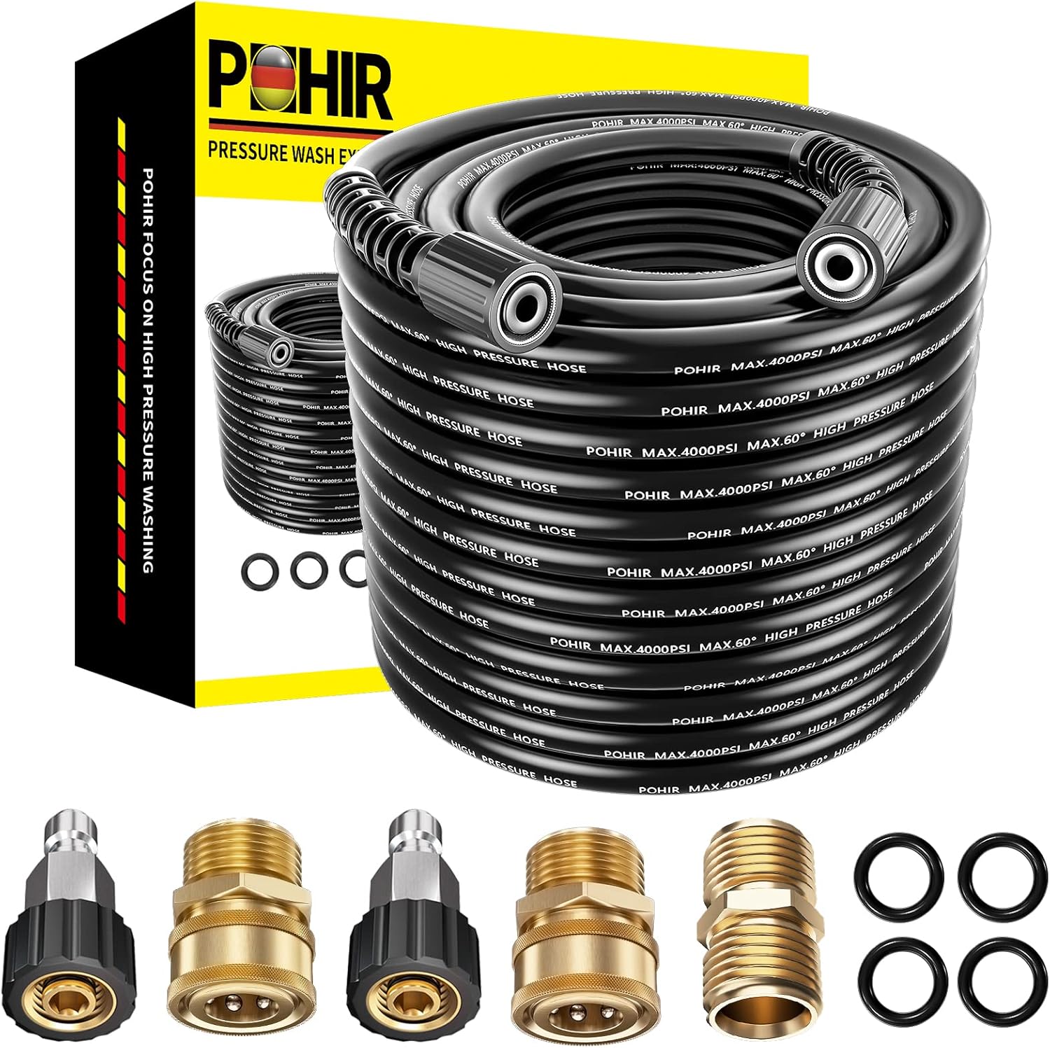 POHIR 100ft Pressure Washer Hose 4000 PSI for High Power Cleaning