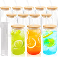 Glass Can Cups 12 Set with Bamboo Lids and Straws - Reusable 16oz
