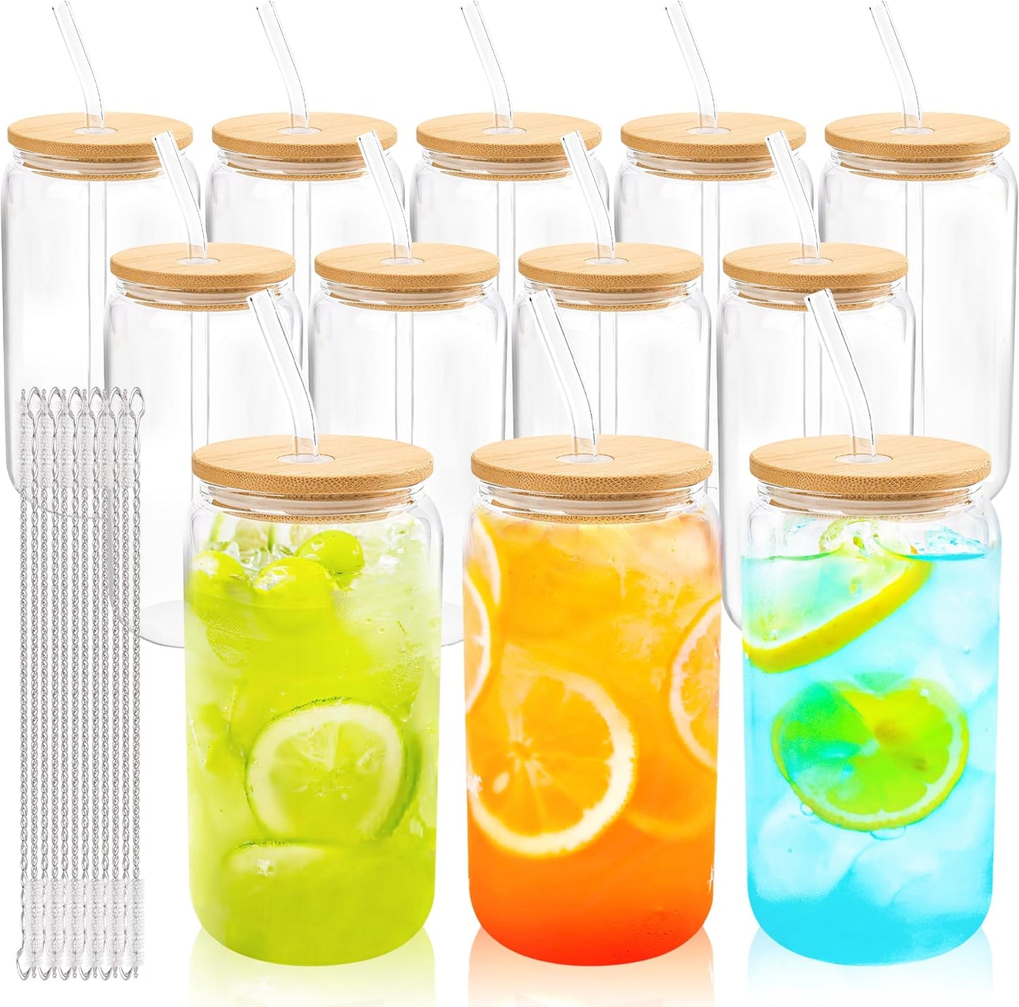 Joyclub 12 Set Glass Cups with Bamboo Lids for Iced Drinks