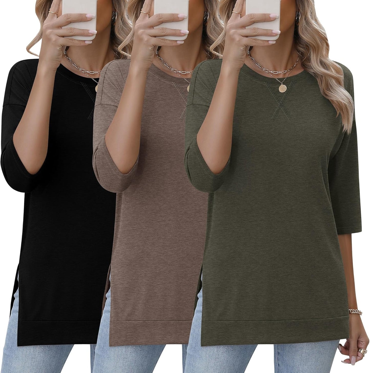 3 Pack 3/4 Length Sleeve Women's Tops with Side Slit Design