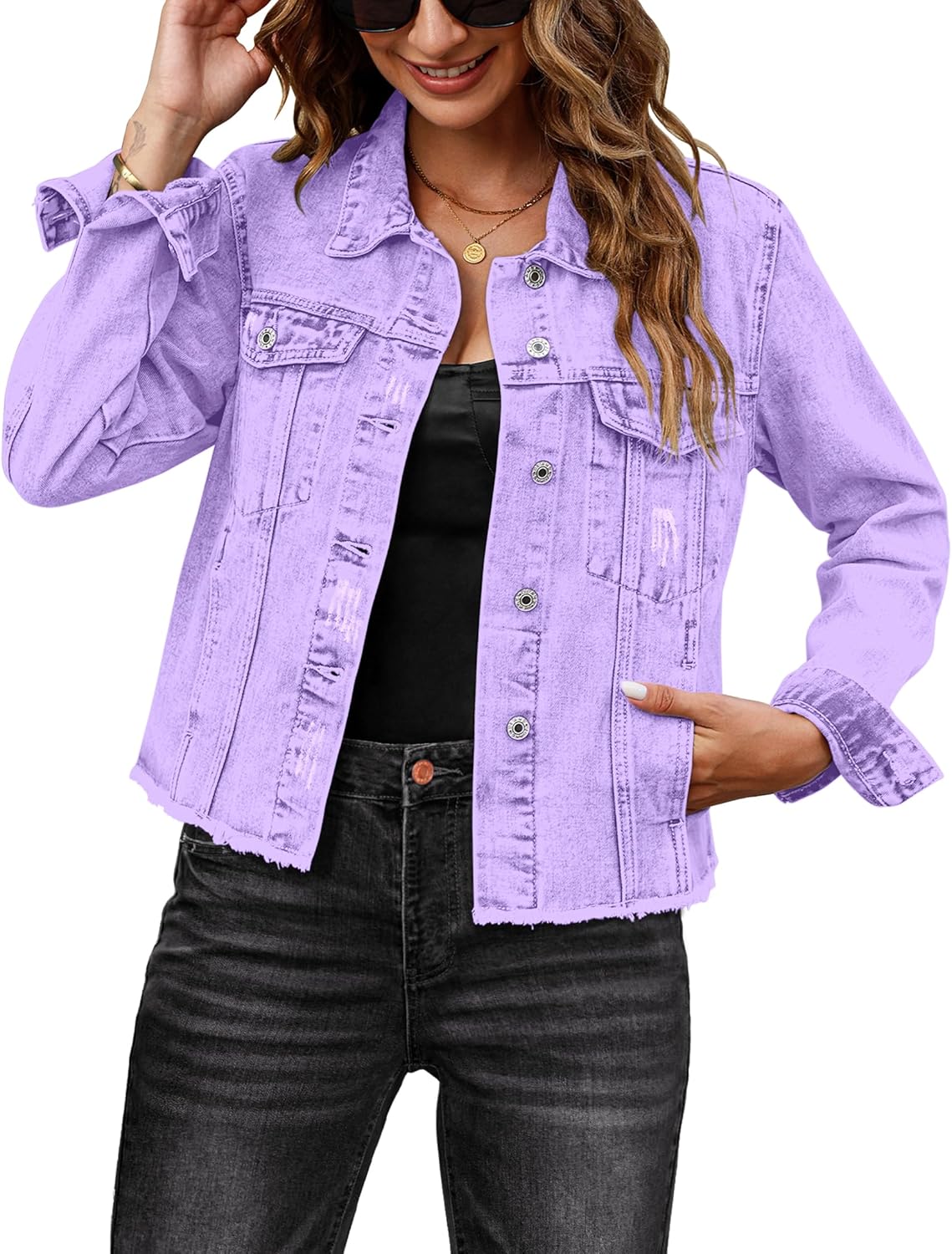 Luvamia Distressed Denim Jacket for Women - Vintage Trucker Style
