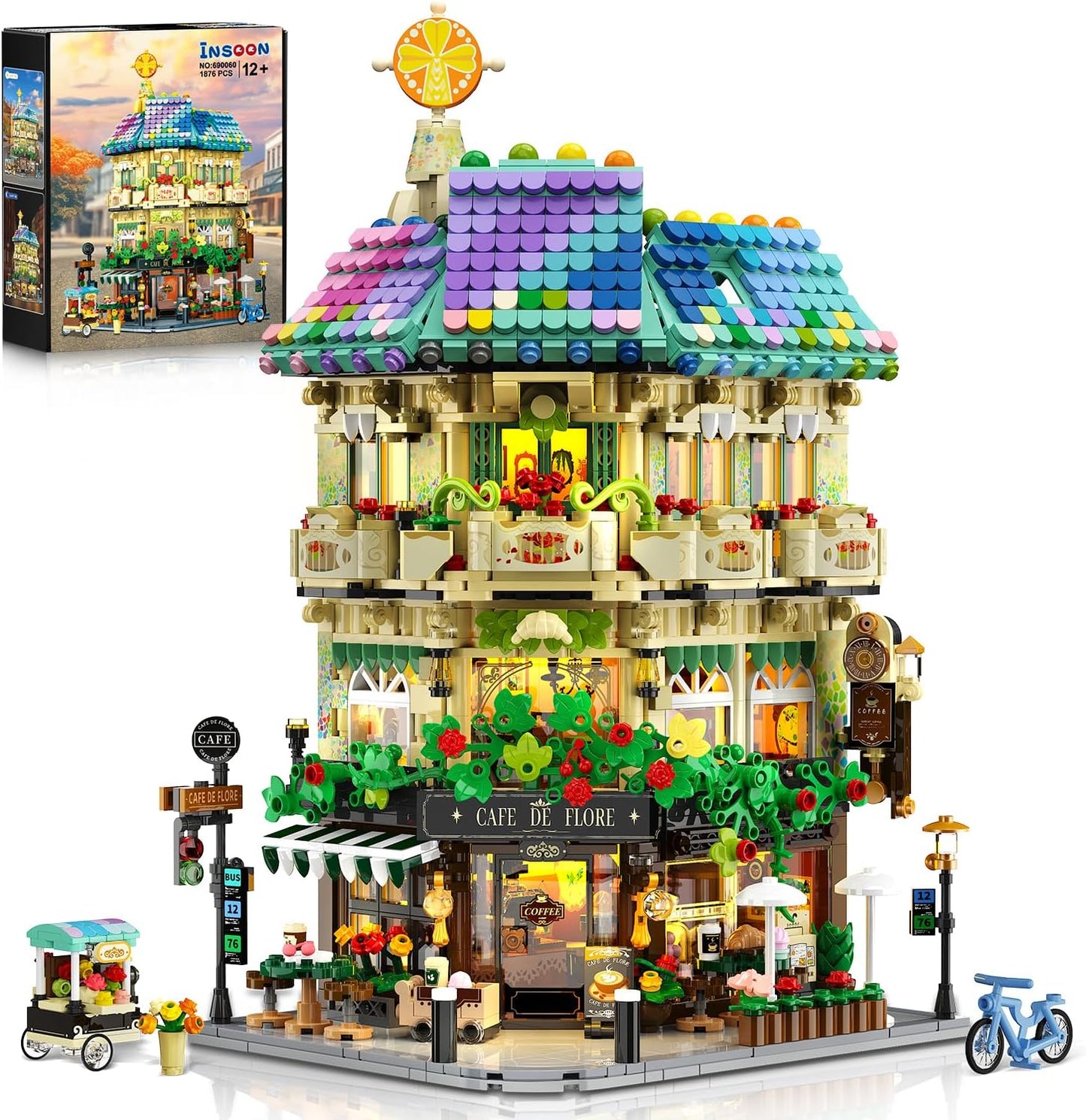 Flower Cafe House Building Set with Lights for Creative Fun