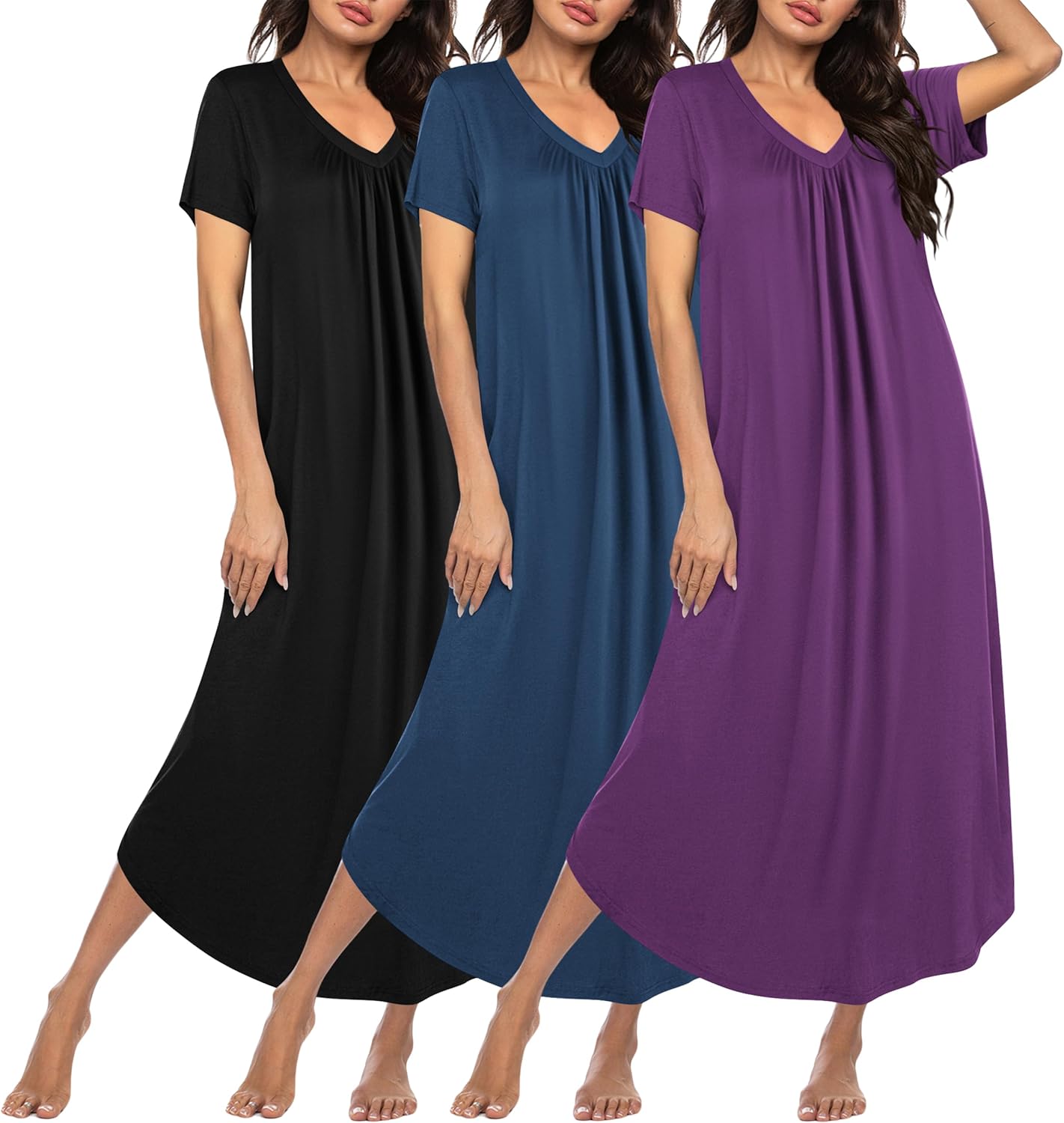 Ekouaer 3 Pack Long Nightgowns for Women Plus Size Comfort