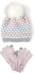 Girls Winter Hat and Mittens Cold Weather Set - Cozy Lined Pom Pom