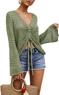 Womens Boho Off Shoulder Sheer Crochet Crop Top - Oversized V Neck