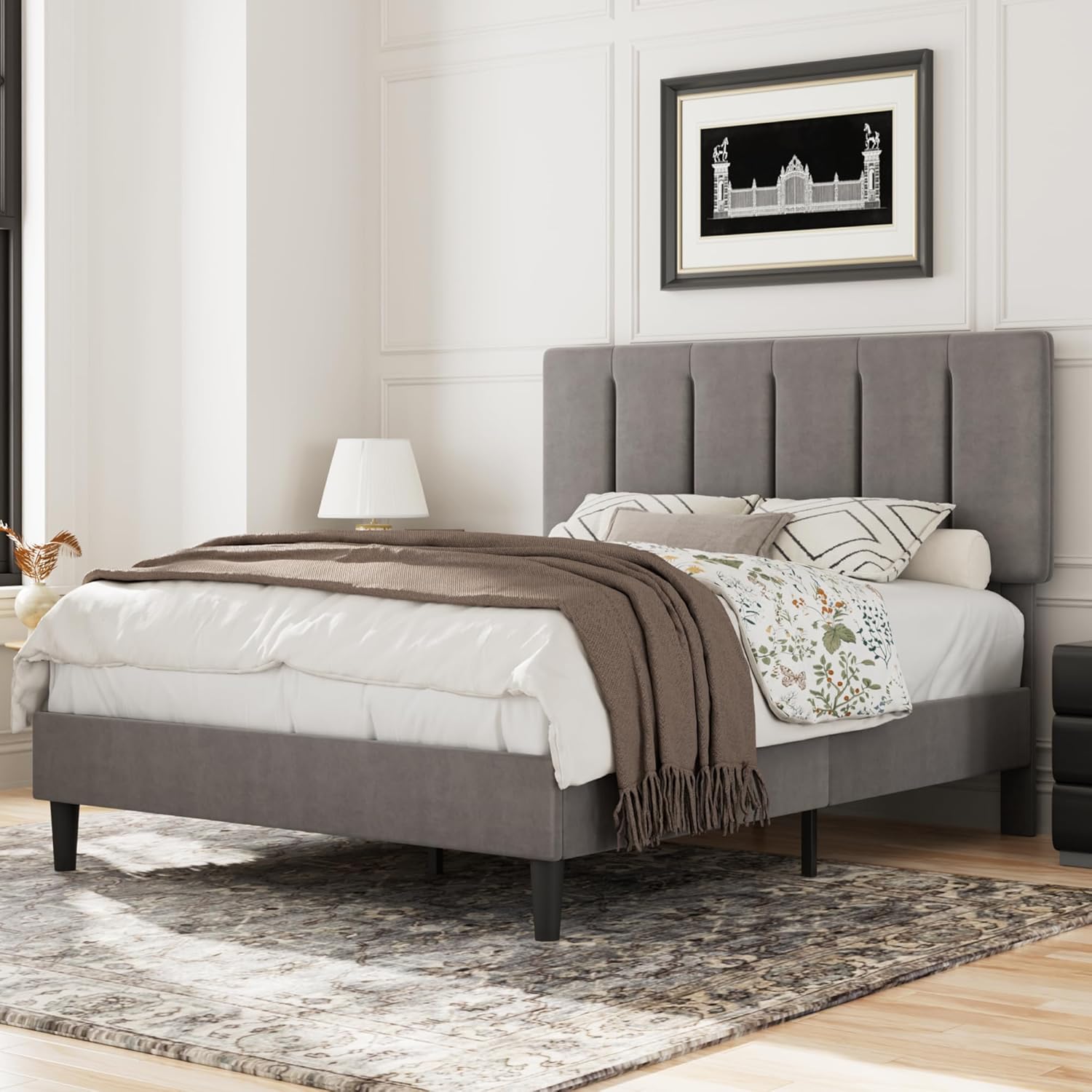 VECELO Full Size Bed Frame with Upholstered Headboard for Comfort