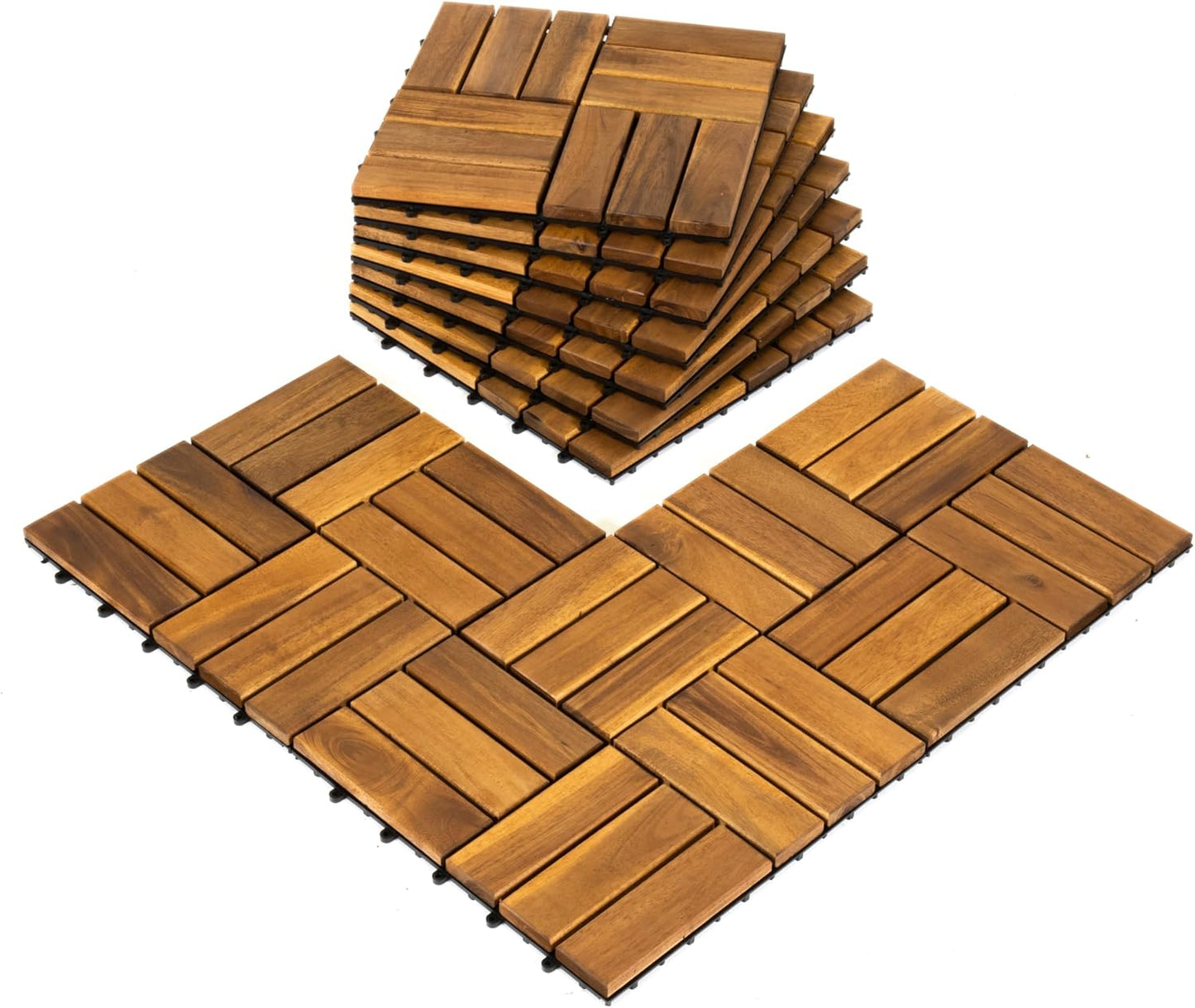 Pack of 10 Interlocking Acacia Wood Deck Tiles for Outdoor Use