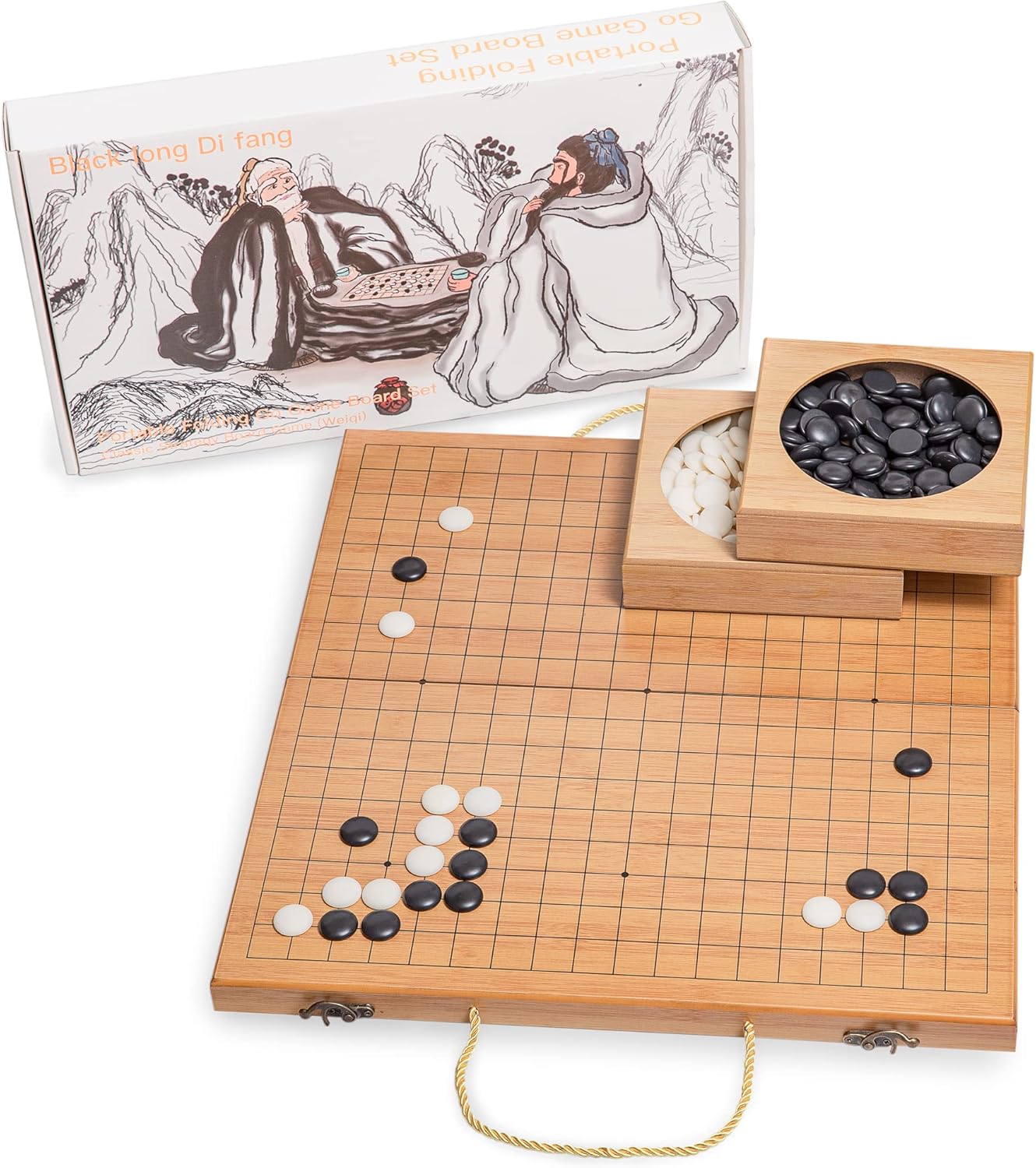 19x19 Folding Go Game Set with Bamboo Bowls and Imitation Jade Pieces