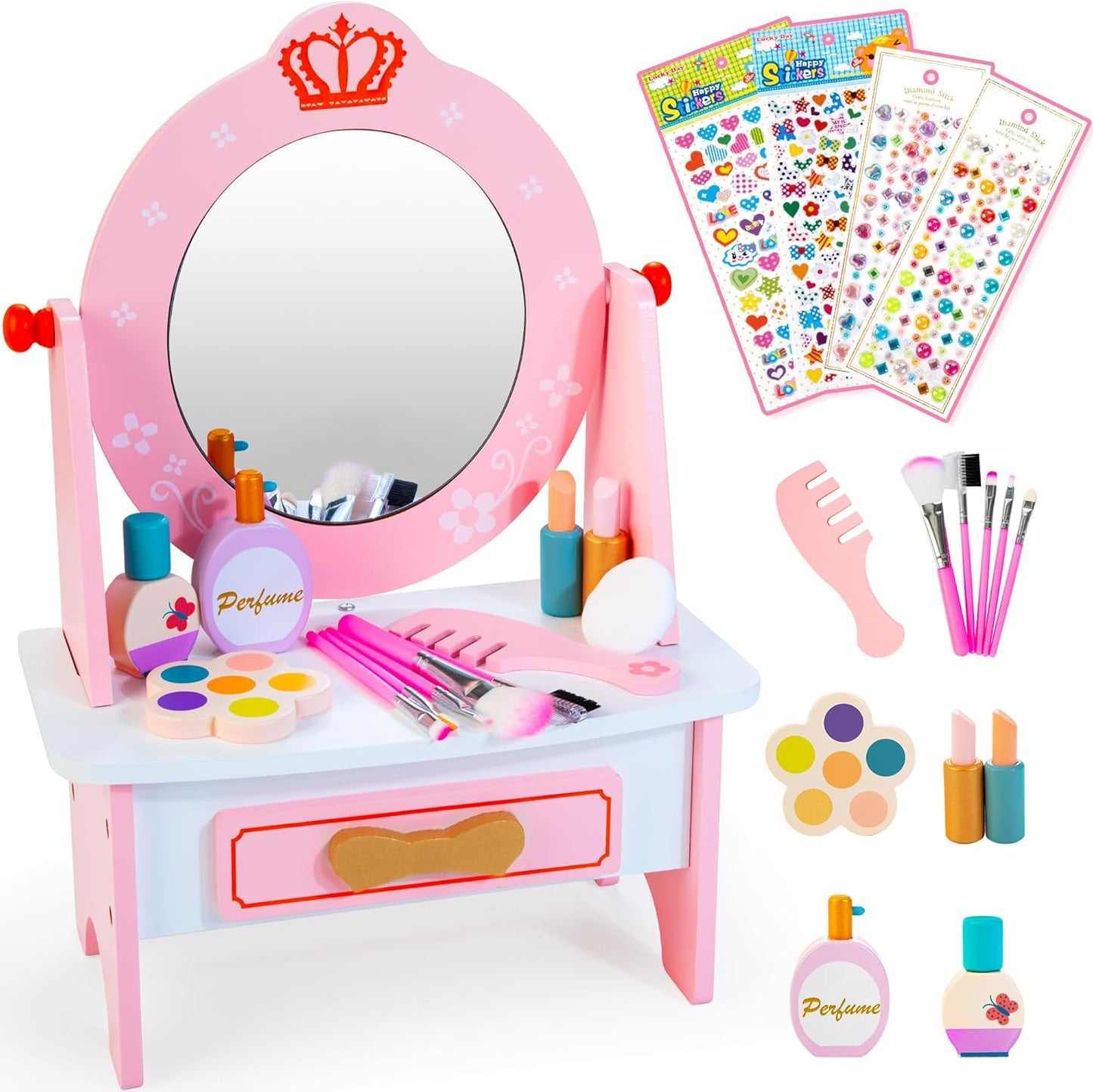 Wooden Vanity Set for Kids - Pretend Play Makeup Fun