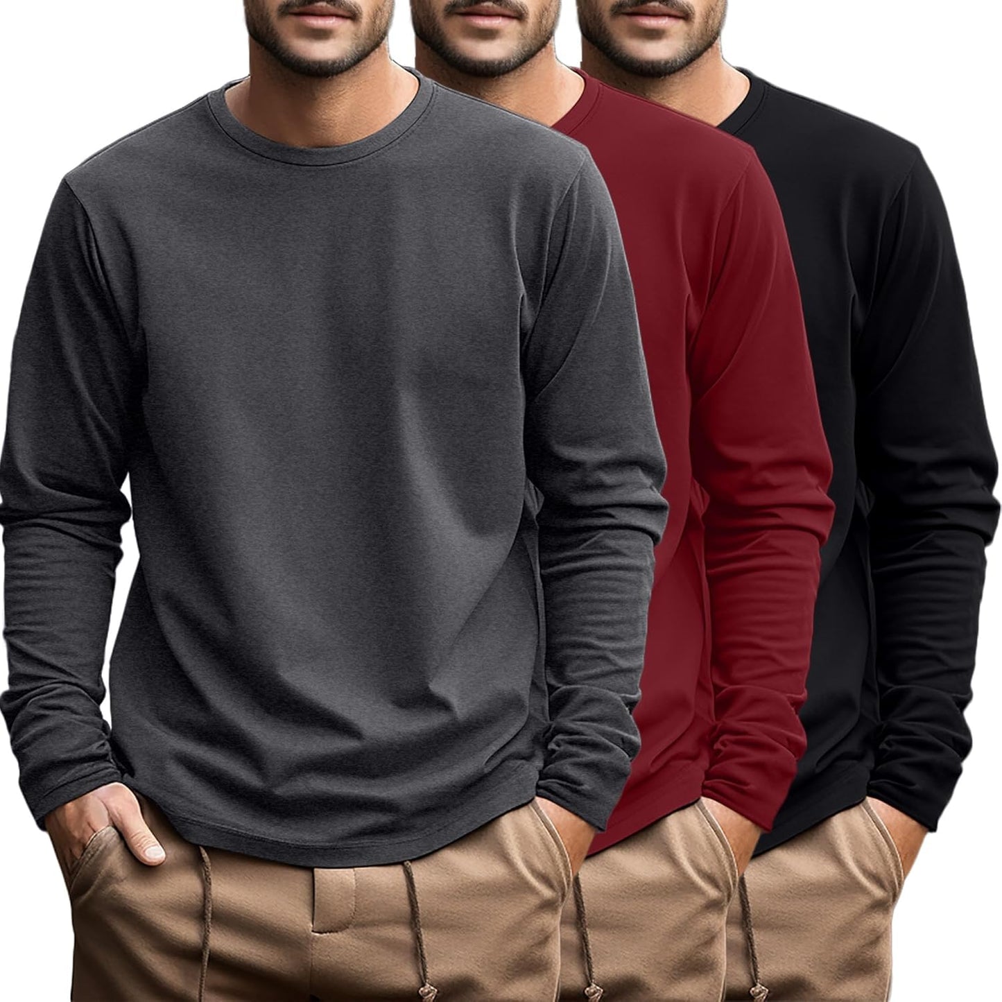 Ficerd 3 Pack Men's Big and Tall Long Sleeve Cotton Tees