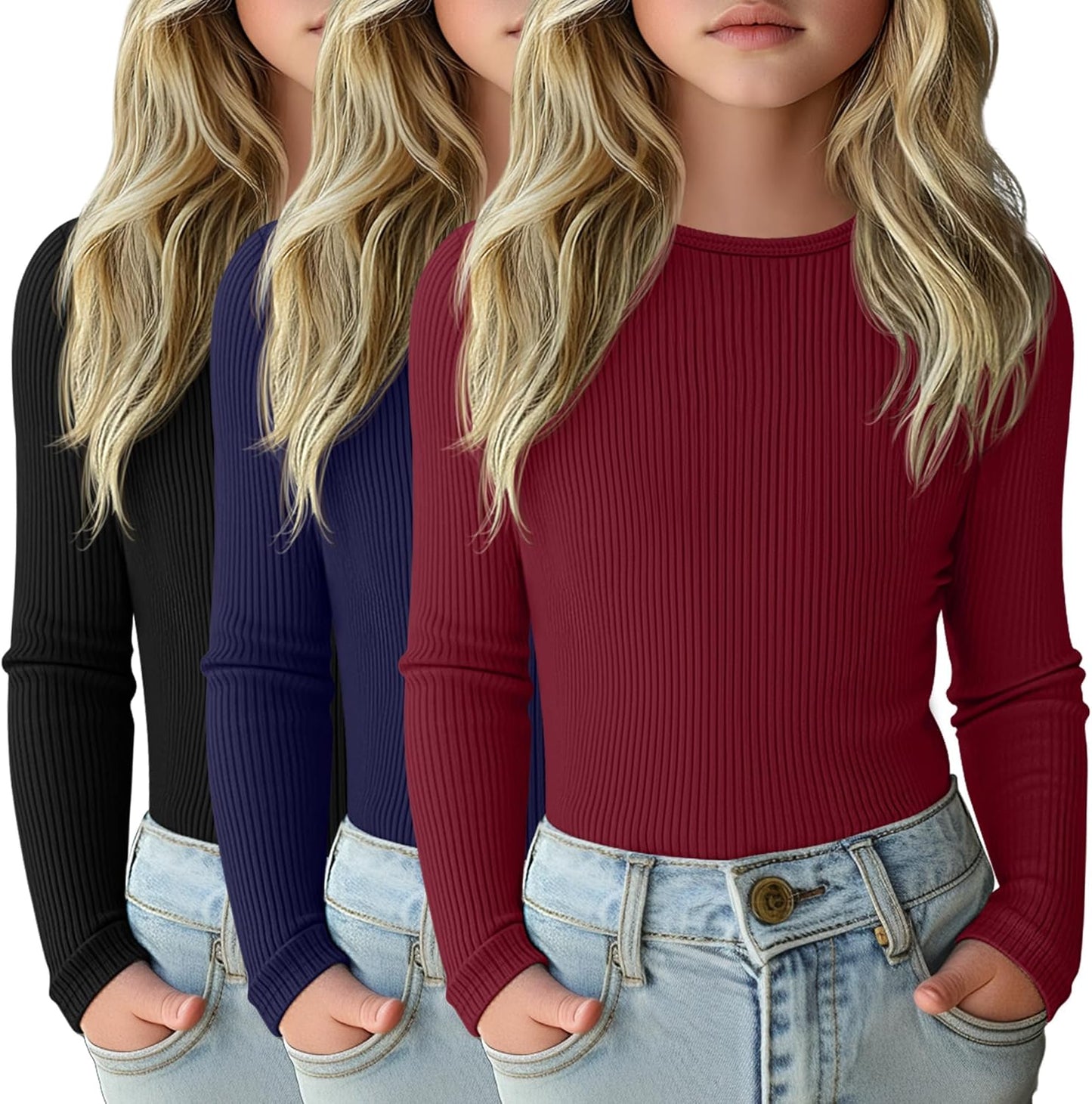 3 Pack Girls Long Sleeve Shirts for Casual Layering Tops