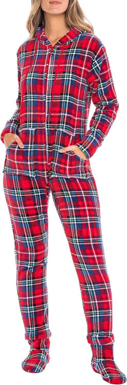 Plush Coral Fleece Adult Onesie Pajamas with Hood and Pockets
