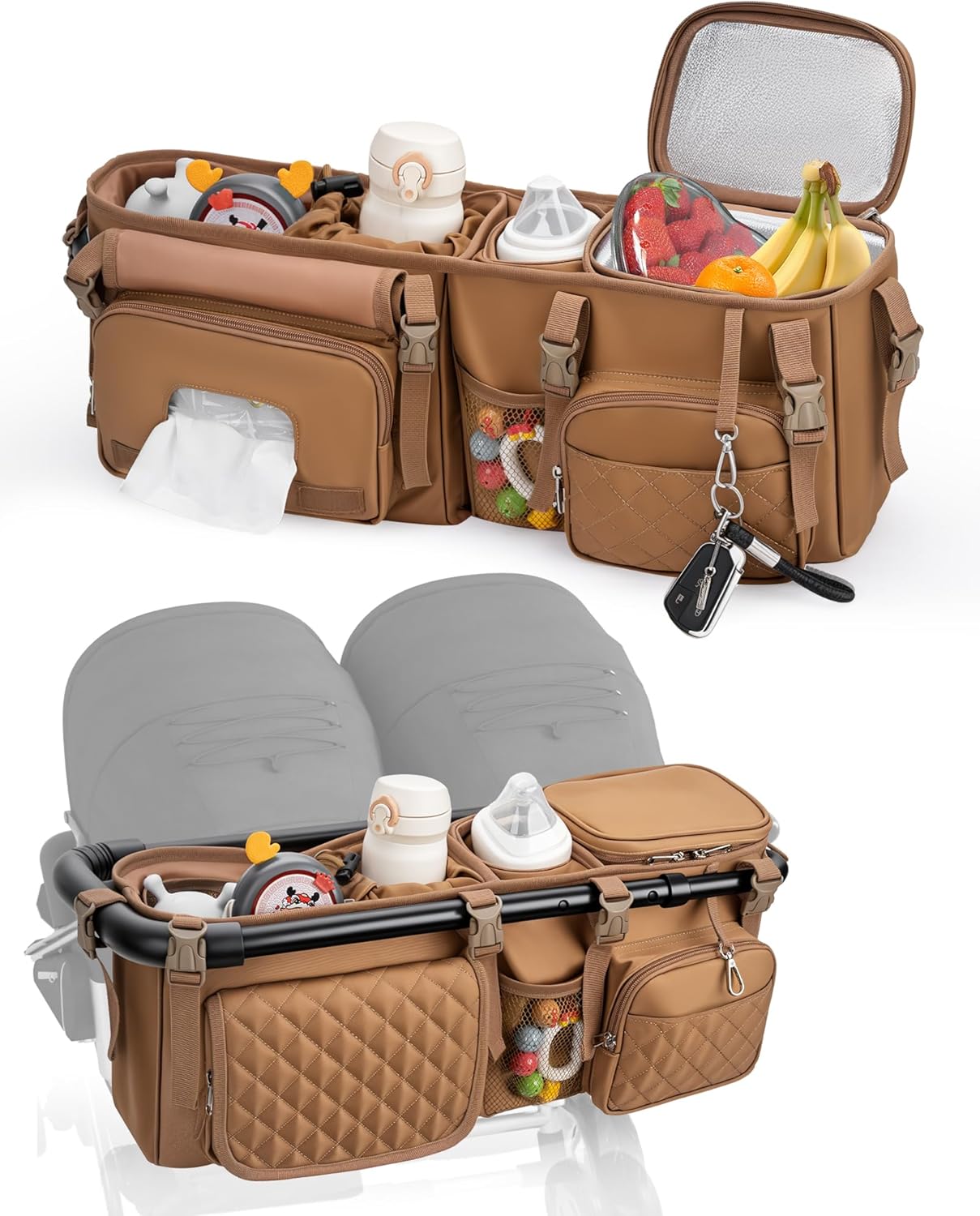 Double Stroller Organizer Bag for Busy Parents with Cooler Pockets