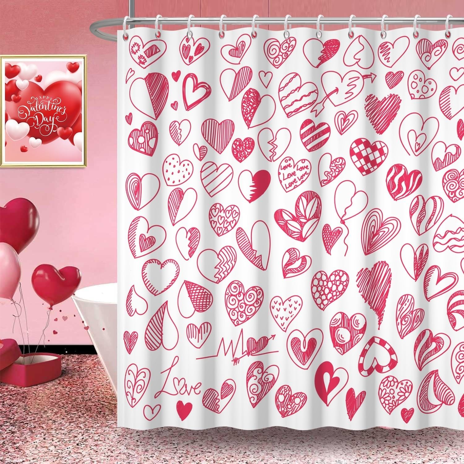 Cute Heart Graffiti Shower Curtain Set - Waterproof Love Decor!