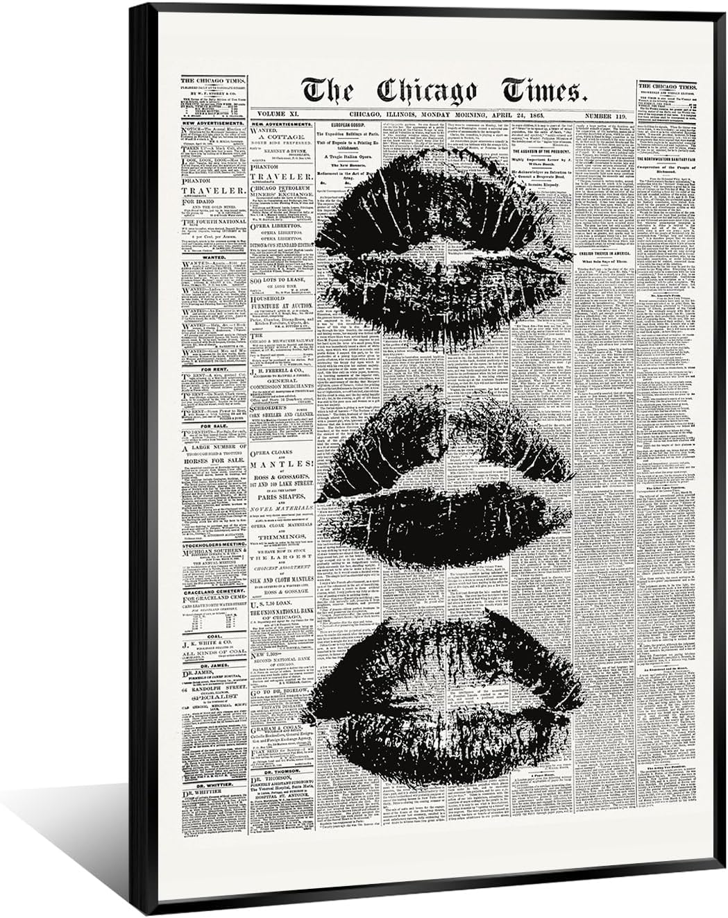 Trendy Newspaper Wall Art Black And White Kiss Lips Posters