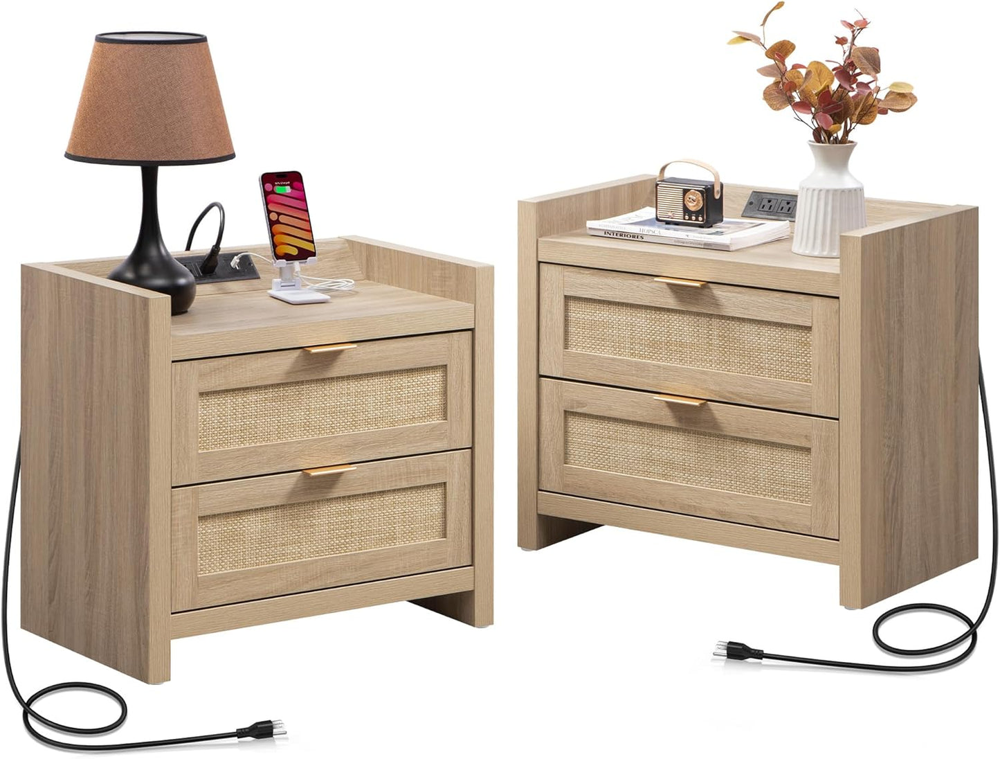 SICOTAS Rattan Nightstands Set of 2 with Charging Station