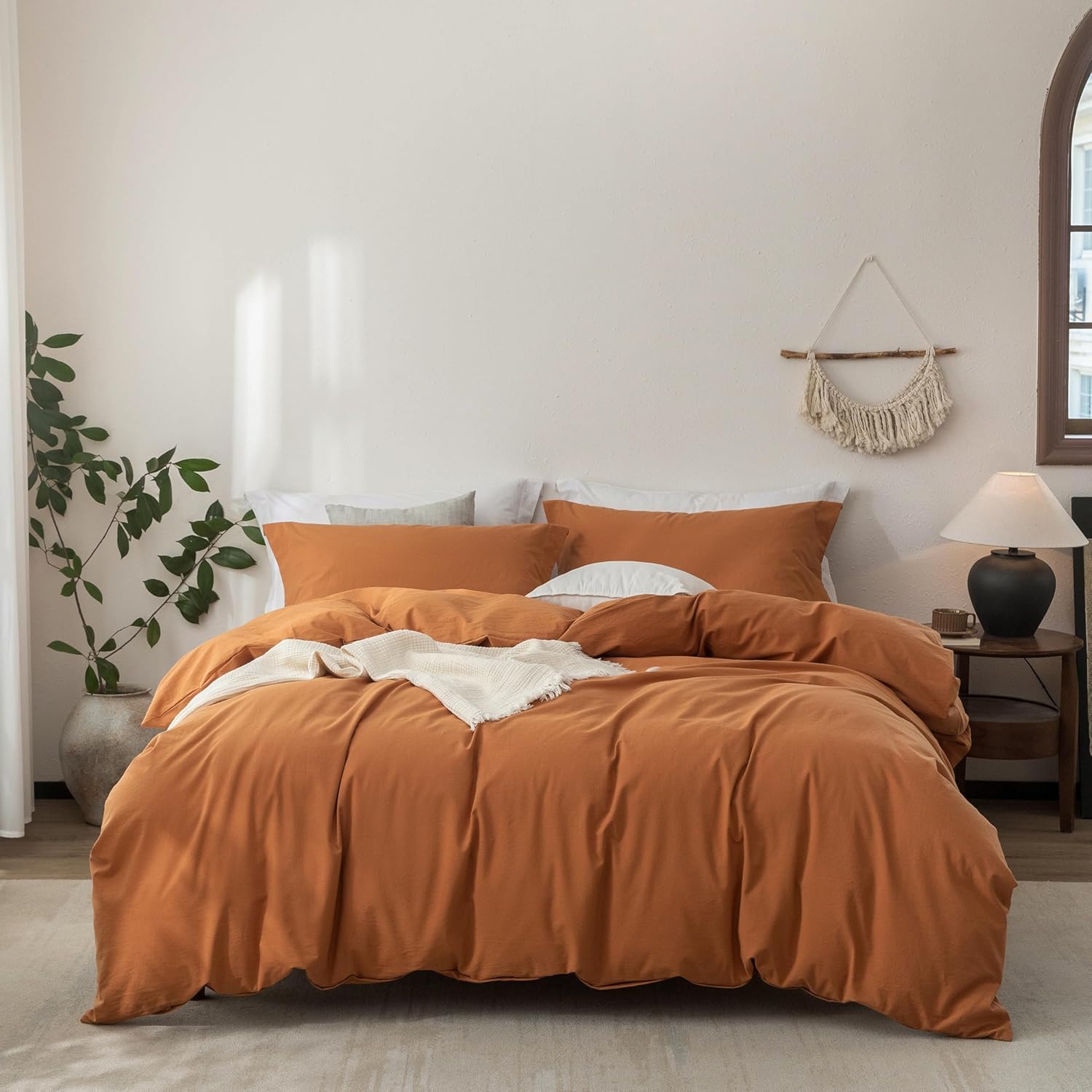 Linen Feel Duvet Cover Queen Size in Burnt Orange for Comfort