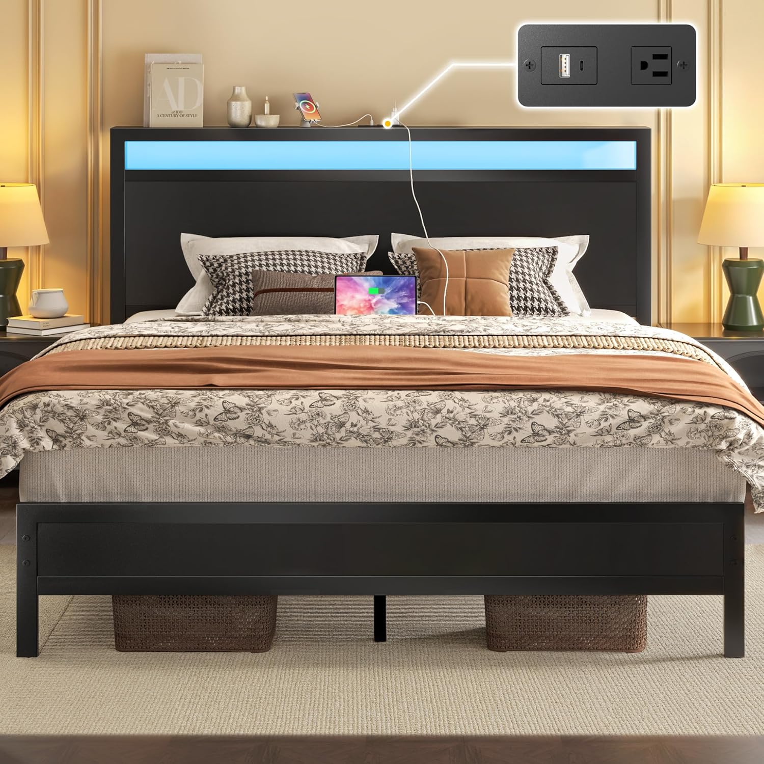 Queen Bed Frame with Headboard & Footboard, LED Light Feature