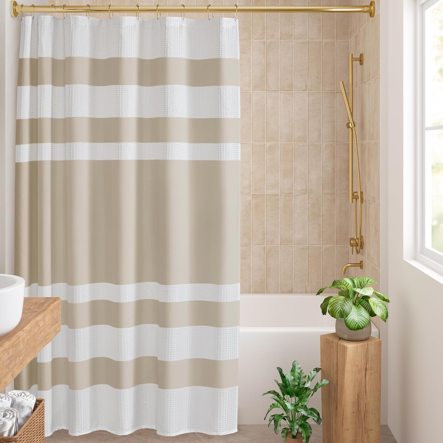 Madison Park Waffle Weave Striped Shower Curtain - 3M Scotchgard Moisture Management