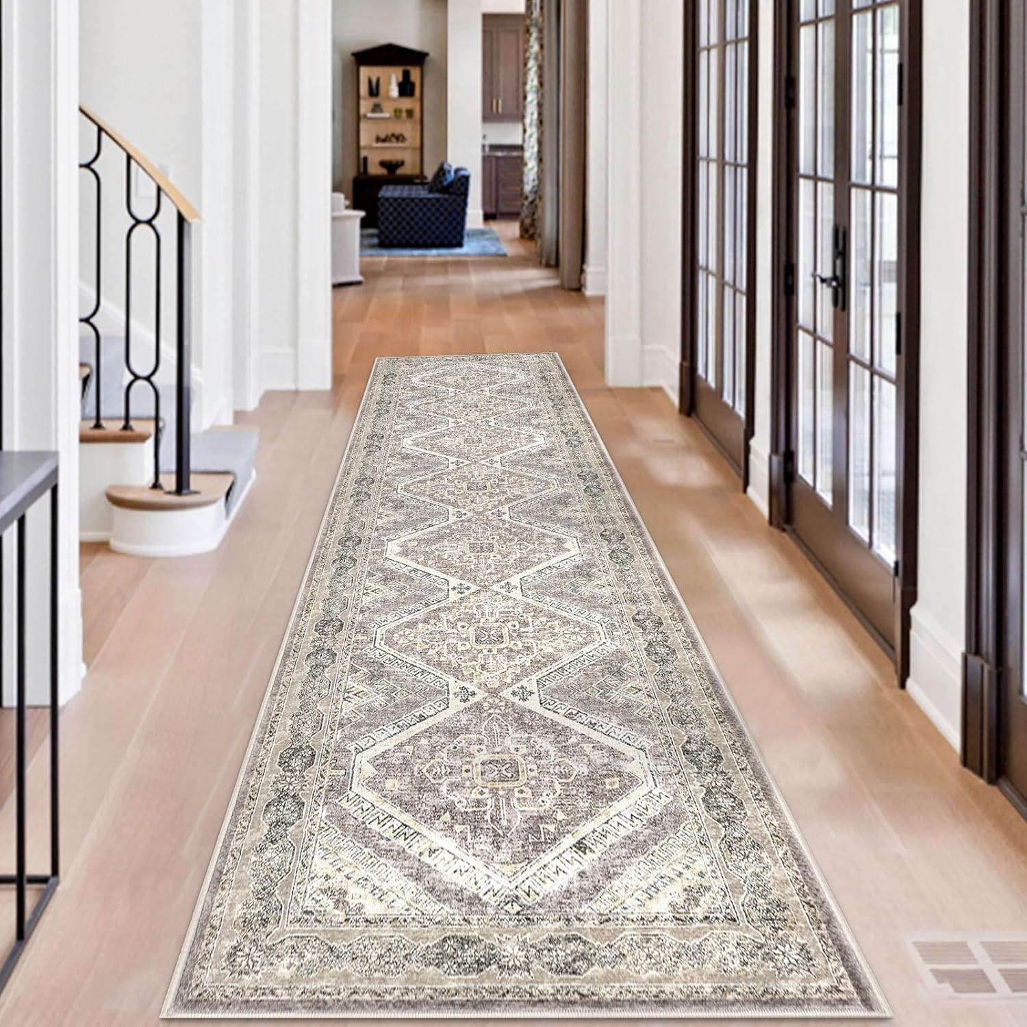 KUTA Oriental Kitchen Runner Rug 2.6x10 Vintage Ivory Grey