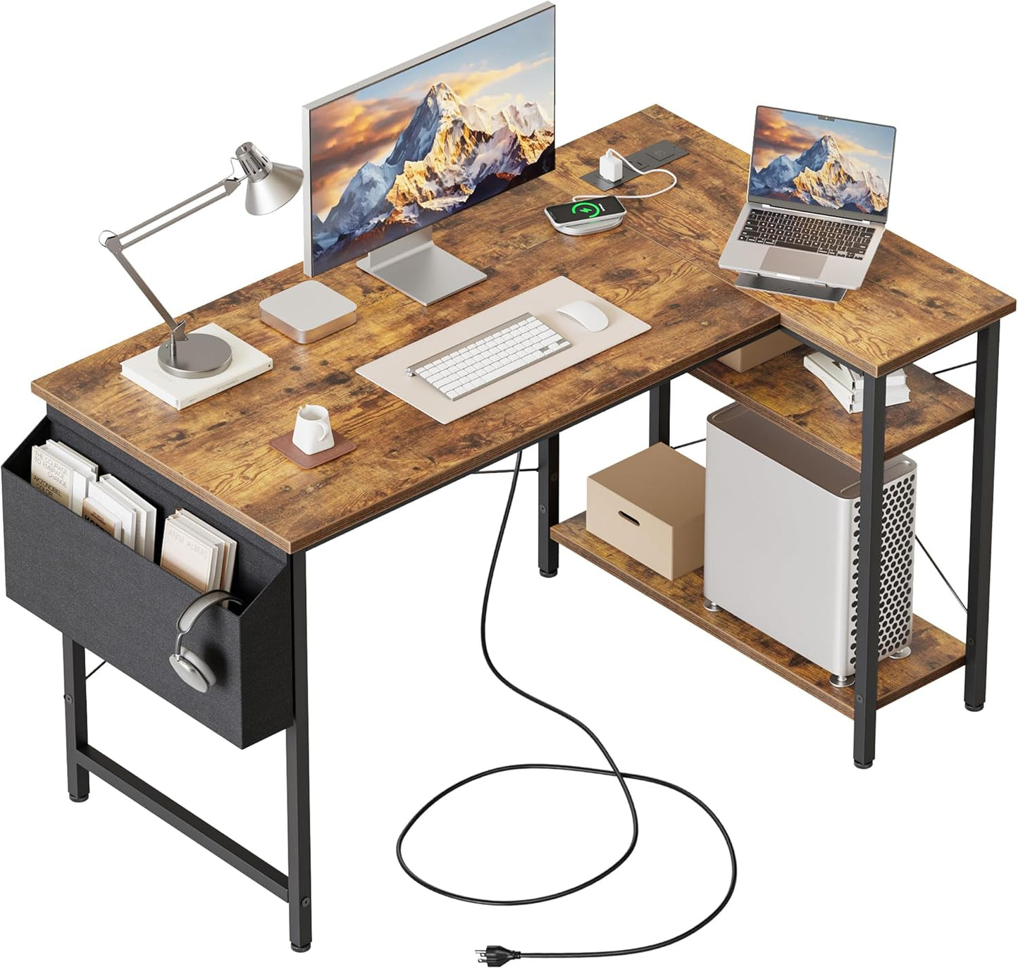 L Shaped Computer Desk with Power Outlets for Small Spaces