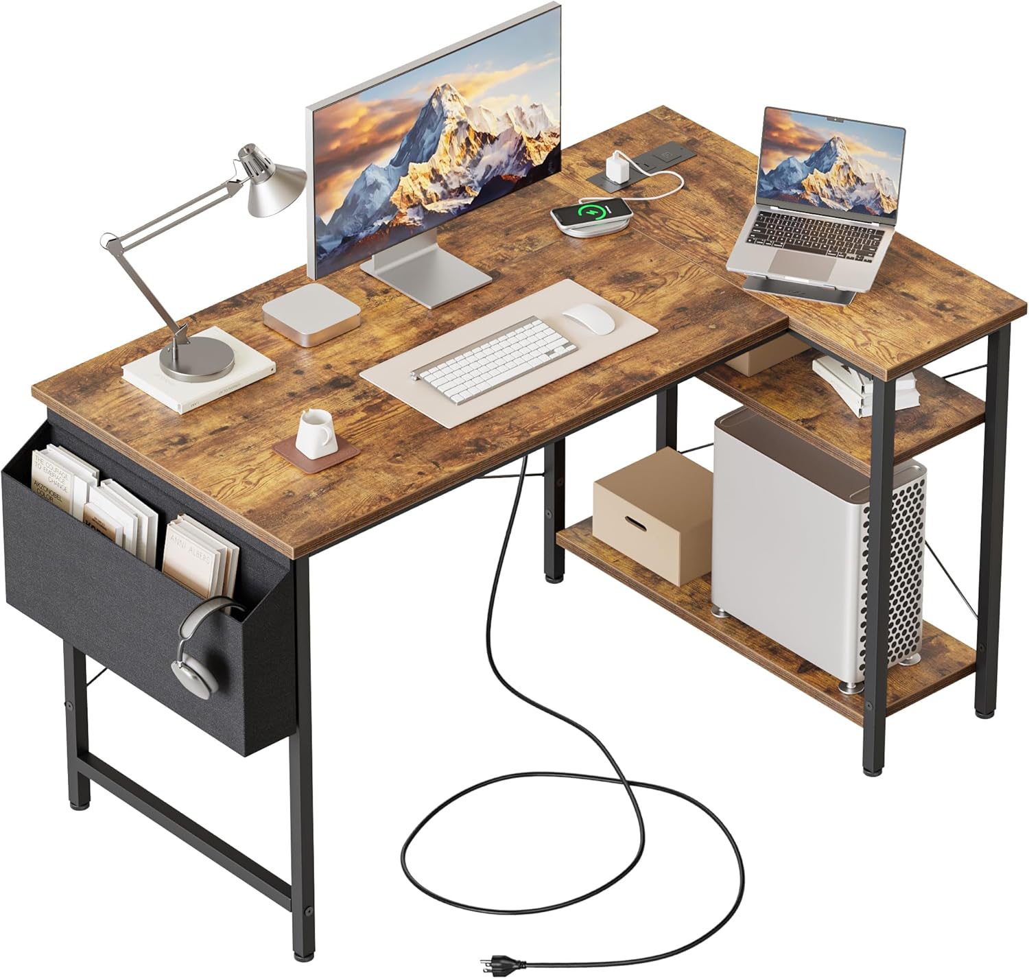 L Shaped Computer Desk with Power Outlets for Small Spaces