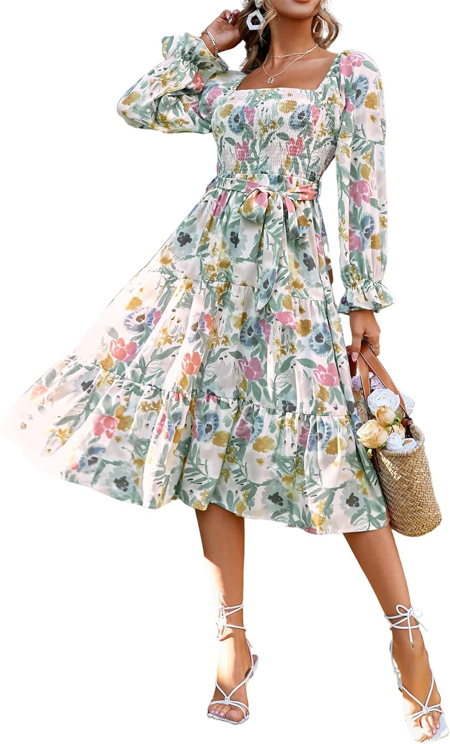 Glamaker Women's Short Sleeve Smocked Square Neck Maxi Dress
