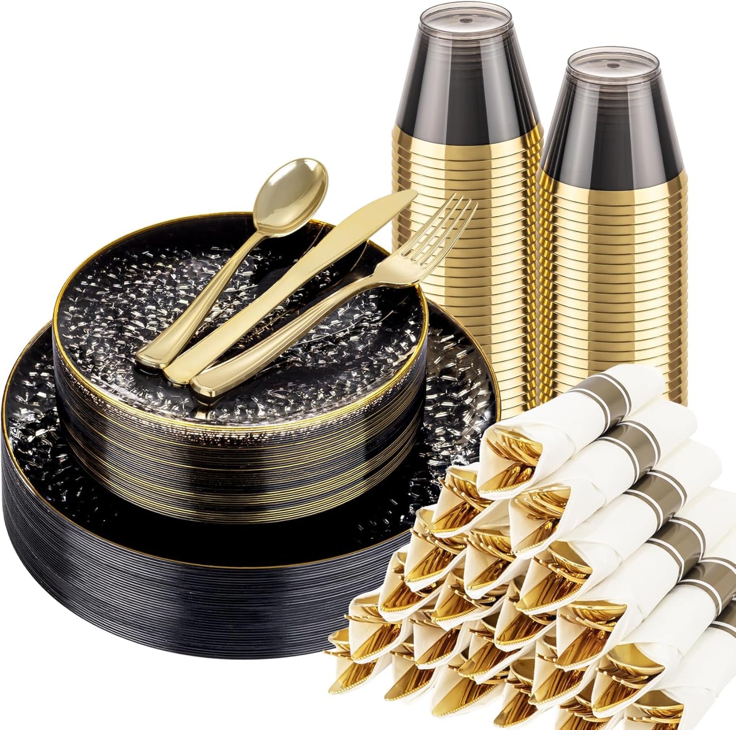 Elegant Black Gold Plastic Plates Set for Weddings & Parties