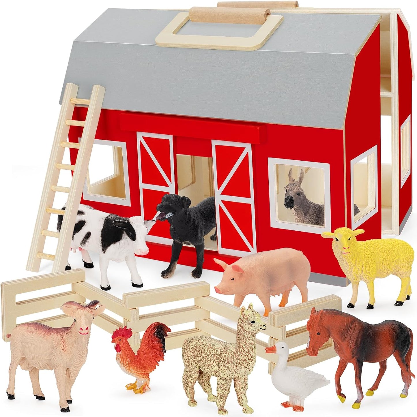 YEEBAY Large Wooden Farm Animals Playset - Educational Fun!