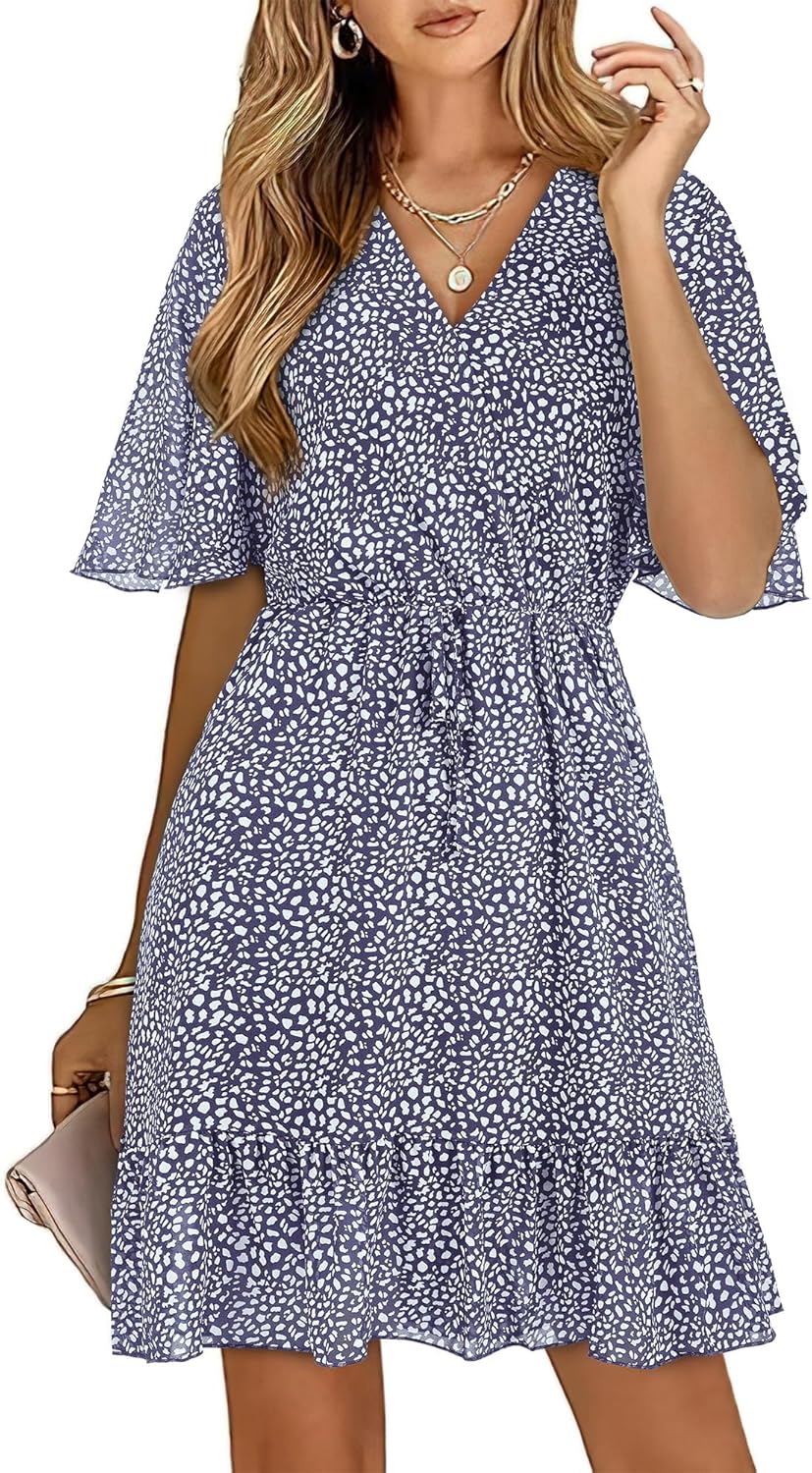 KIRUNDO Women's Summer Dresses Casual Short Sleeve V Neck Ruffle